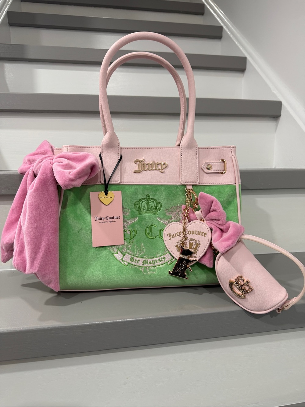 💚💕US exclusive. Juicy Couture Pink Trim Green Tote with Charm Accents